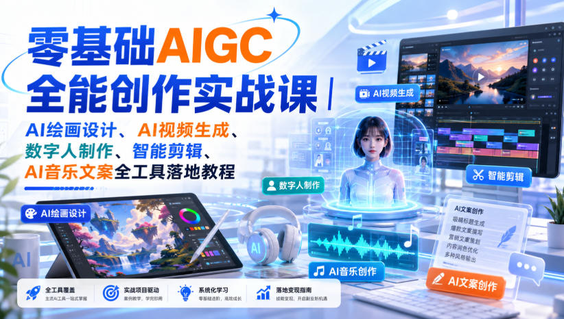 零基础AIGC全能创作实战课｜AI绘画设计、AI视频生成、数字人制作、智能剪辑、AI音乐文案全工具落地教程-小二项目网