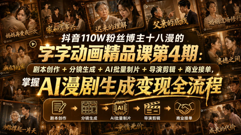 抖音110W粉丝博主十八漫的字字动画精品课第4期：剧本创作+分镜生成+剪辑+商业接单，掌握AI漫剧生成变现全流程-小二项目网