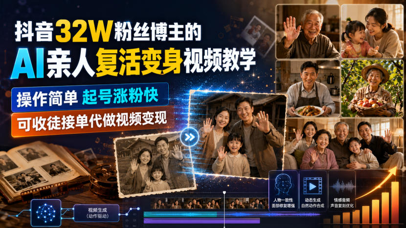 抖音32W粉丝博主的AI亲人复活变身视频教学，操作简单，起号涨粉快，可收徒接单代做视频变现-小二项目网