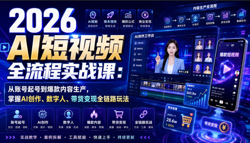 2026 AI短视频全流程实战课：从账号起号到爆款内容生产，掌握AI创作、数字人、带货变现全链路玩法-小二项目网