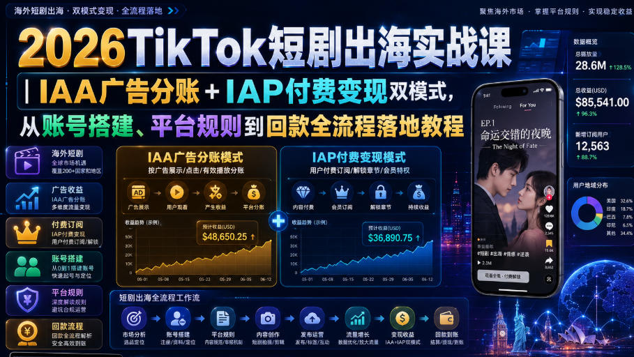 2026TikTok短剧出海实战课｜IAA广告分账+IAP付费变现双模式，从账号搭建、平台规则到回款全流程落地教程-小二项目网