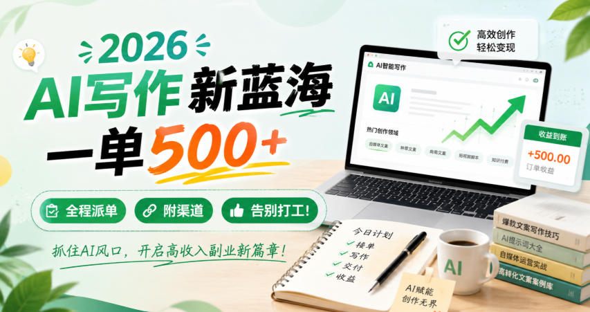 2026 AI写作新蓝海，一单500+，全程派单，附渠道，告别打工！【揭秘】-小二项目网