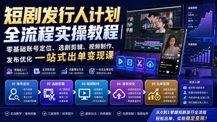 短剧发行人计划全流程实操教程｜零基础账号定位、选剧剪辑、视频制作、发布优化一站式出单变现课​-小二项目网