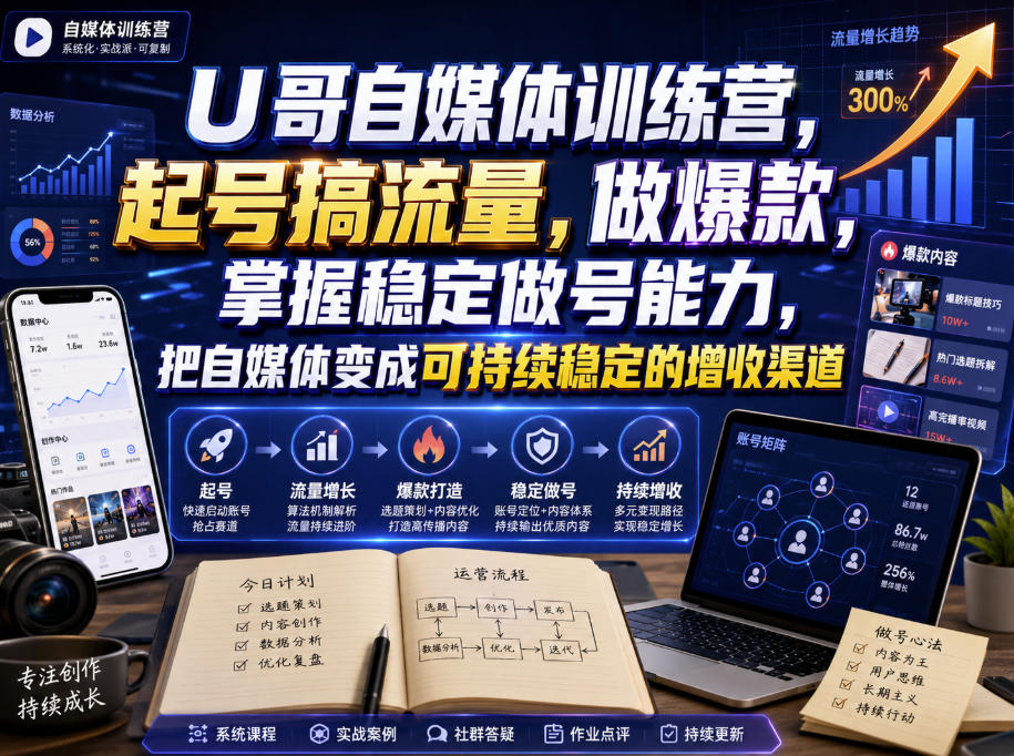 U哥自媒体训练营，起号搞流量，做爆款，掌握稳定做号能力，把自媒体变成可持续稳定的增收渠道-小二项目网