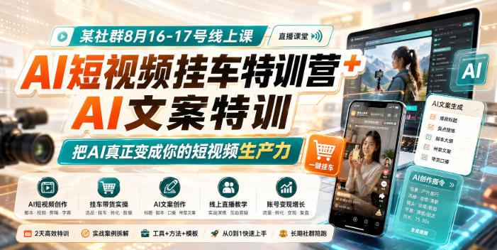 某社群8月16-17号线上课，AI短视频挂车特训营+AI文案特训，把AI真正变成你的短视频生产力-小二项目网