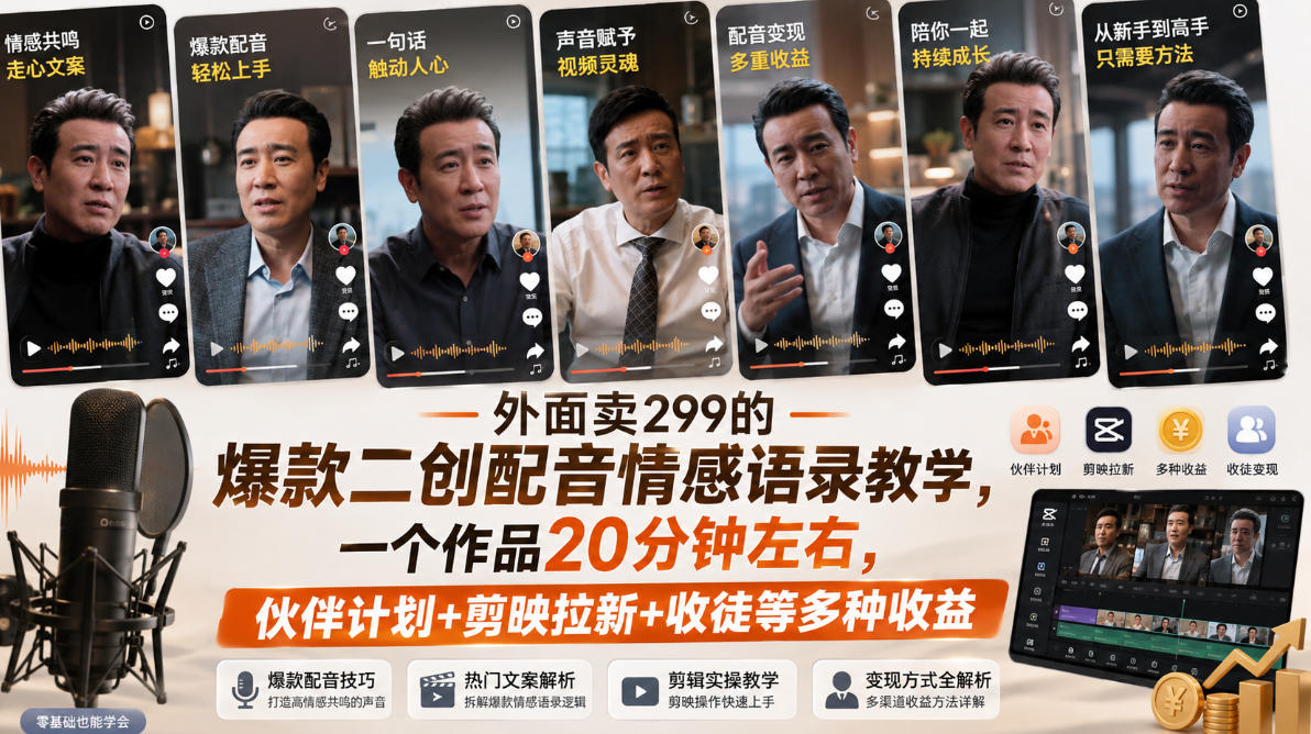 外面卖299的爆款二创配音情感语录教学，一个作品20分钟左右，伙伴计划+剪映拉新+收徒等多种收益-小二项目网