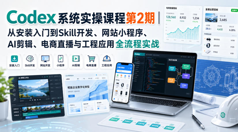 Codex系统实操课程第2期｜从安装入门到Skill开发、网站小程序、AI剪辑、电商直播与工程应用全流程实战-小二项目网