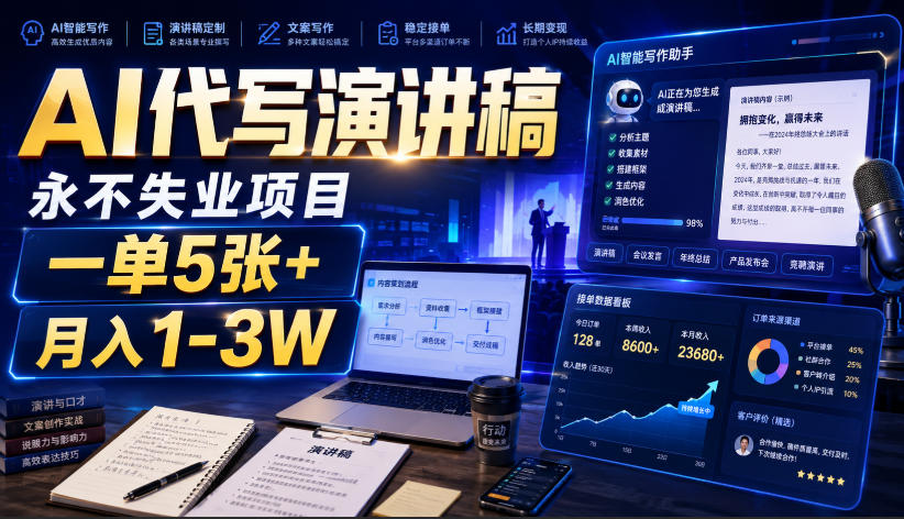 AI代写演讲稿，永不失业项目，一单5张+，月入1-3W【揭秘】-小二项目网