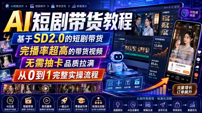 AI短剧带货教程，基于SD2.0的短剧带货，完播率超高的带货视频，无需抽卡品质拉满，从0到1完整实操流程-小二项目网