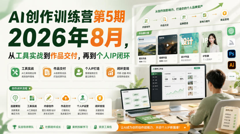 AI创作训练营第5期2026年8月，从工具实战到作品交付，再到个人IP闭环-小二项目网
