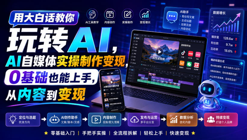 用大白话教你玩转AI，AI自媒体实操制作变现，0基础也能上手，从内容到变现-小二项目网