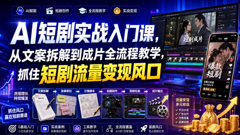 AI短剧实战入门课，从文案拆解到成片全流程教学，抓住短剧流量变现风口-小二项目网