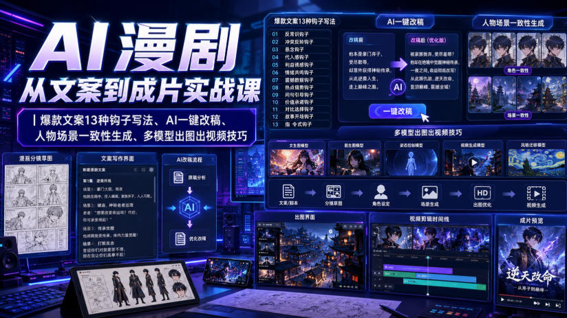 AI漫剧从文案到成片实战课｜爆款文案13种钩子写法、AI一键改稿、人物场景一致性生成、多模型出图出视频技巧-小二项目网