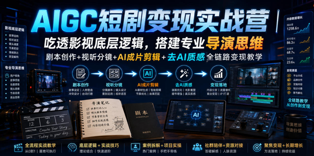 AIGC短剧变现实战营｜吃透影视底层逻辑，搭建专业导演思维，剧本创作+视听分镜+AI成片剪辑+去AI质感全链路变现教学-小二项目网