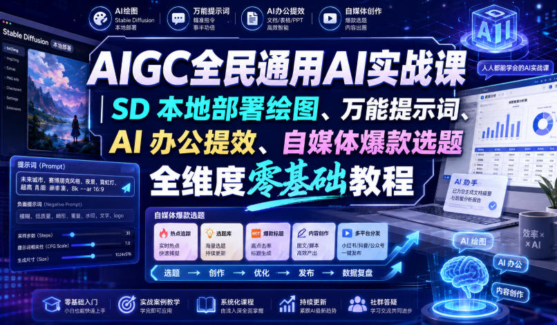 AIGC全民通用AI实战课｜SD本地部署绘图、万能提示词、AI办公提效、自媒体爆款选题全维度零基础教程-小二项目网