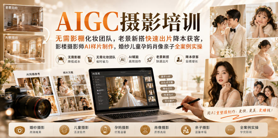 AIGC摄影培训｜无需影棚化妆团队，老景新搭快速出片降本获客，影楼摄影师AI样片制作，婚纱儿童孕妈肖像亲子全案例实操-小二项目网