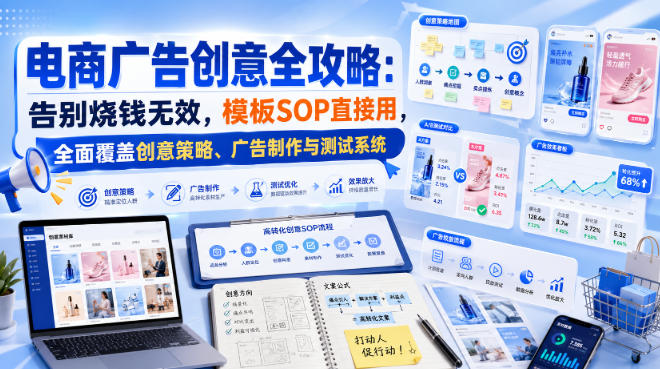 电商广告创意全攻略：告别烧钱无效，模板SOP直接用，全面覆盖创意策略、广告制作与测试系统【原创双语字幕】-小二项目网