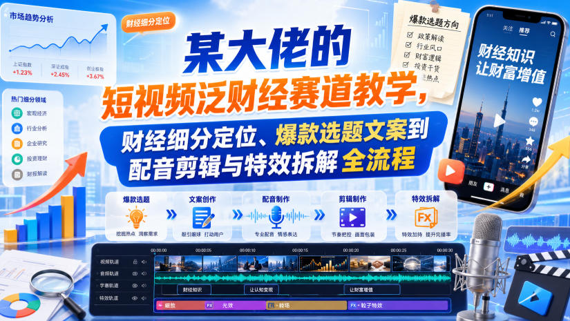 某大佬的短视频泛财经赛道教学，财经细分定位、爆款选题文案到配音剪辑与特效拆解全流程-小二项目网