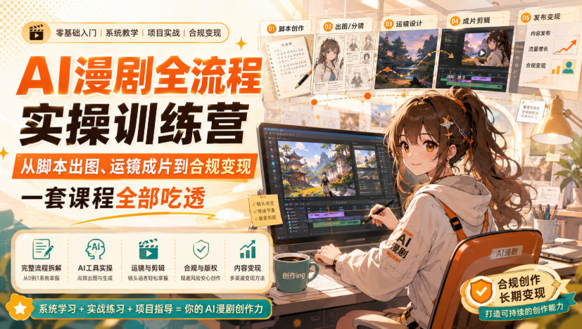 AI漫剧全流程实操训练营，从脚本出图、运镜成片到合规变现，一套课程全部吃透-小二项目网