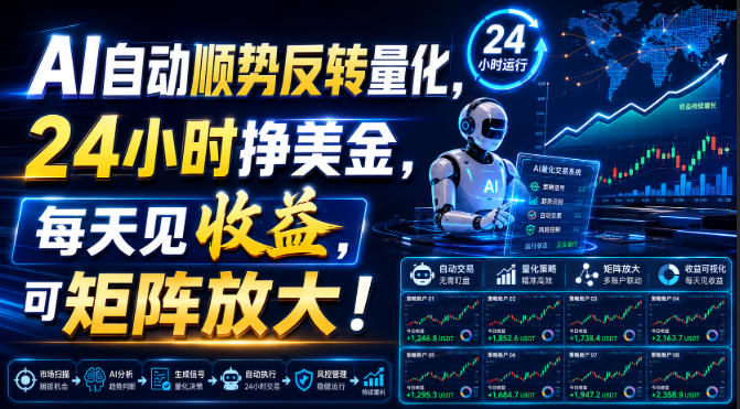 AI自动顺势反转量化，24小时挣美金，每天见收益，可矩阵放大！【揭秘】-小二项目网