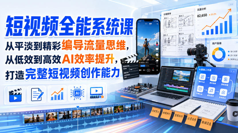 短视频全能系统课，从平淡到精彩编导流量思维，从低效到高效AI效率提升，打造完整短视频创作能力（2026年8月30更新233集）-小二项目网