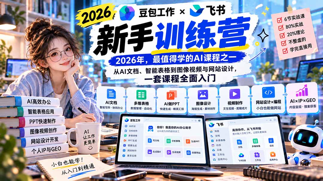 （20645期）2026豆包工作+飞书新手训练营-9月新课：从AI文档、智能表格到图像视频与网站设计，一套课程全面入门-小二项目网