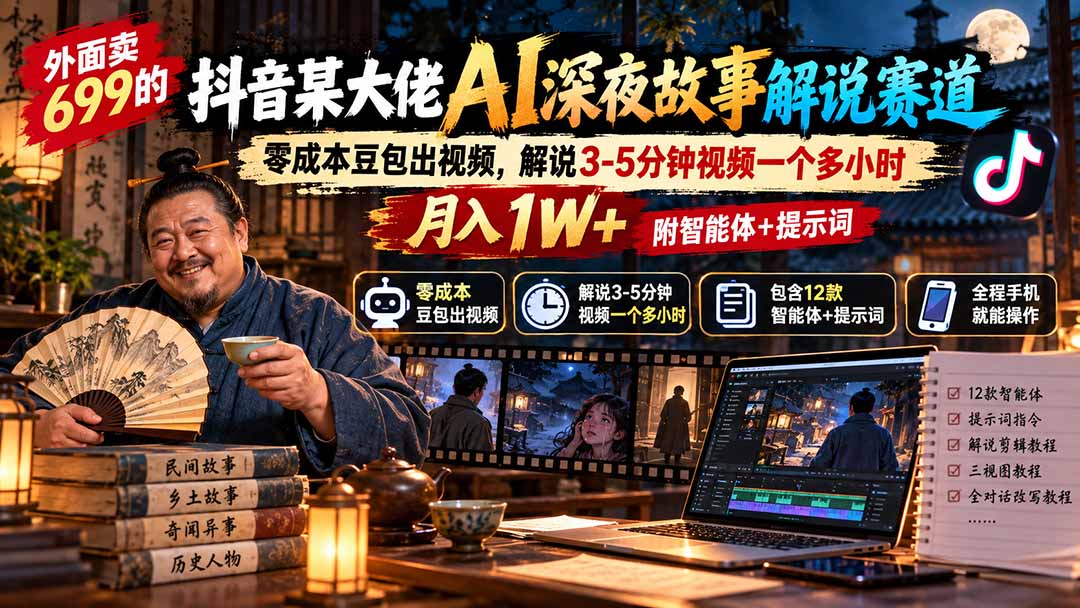 （20648期）外面卖699的抖音某大佬AI深夜故事解说赛道：零成本豆包出视频，解说3-5分钟视频一个多小时，月入1W+附智能体+提示词-小二项目网