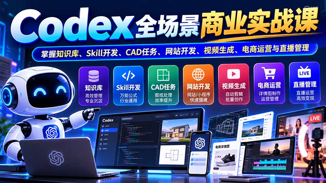 （20712期）【无水印】Codex全场景商业实战课：掌握知识库、Skill开发、CAD任务、网站开发、视频生成、电商运营与直播管理-小二项目网