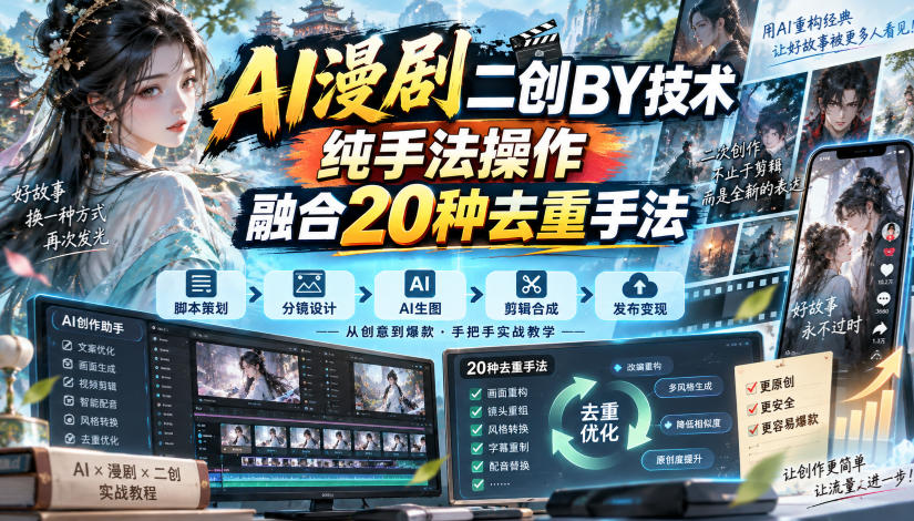 AI漫剧二创搬运技术，纯手法操作，融合20种去重手法-小二项目网