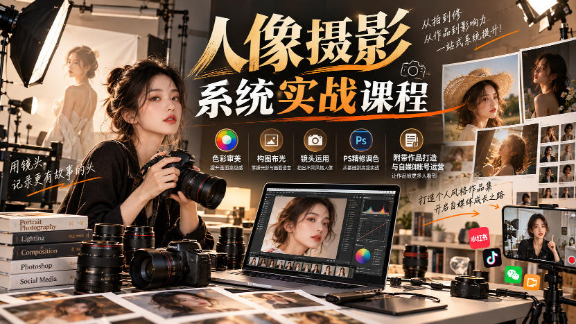 【无水印】人像摄影系统实战课程，色彩审美、构图布光、镜头运用、PS精修调色，附带作品打造与自媒体账号运营-小二项目网
