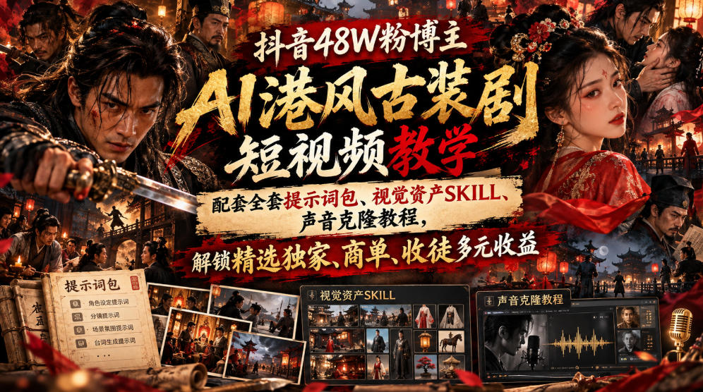 抖音48W粉博主AI港风古装剧短视频教学，配套全套提示词包、视觉资产SKILL、声音克隆教程，解锁精选独家、商单、收徒多元收益-小二项目网