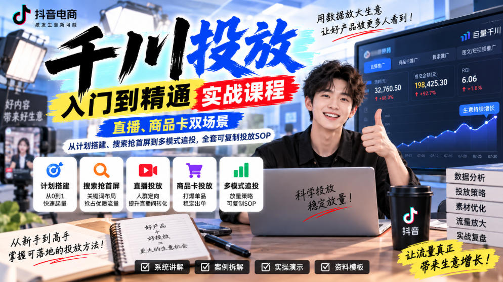千川投放入门到精通实战课程，直播、商品卡双场景，从计划搭建、搜索抢首屏到多模式追投，全套可复制投放SOP-小二项目网