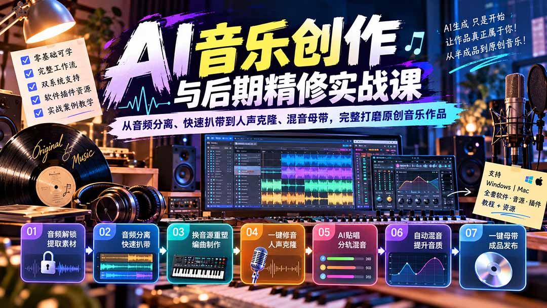 （20652期）AI音乐创作与后期精修实战课：从音频分离、快速扒带到人声克隆、混音母带，完整打磨原创音乐作品-小二项目网