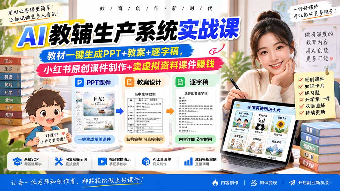 （20583期）AI教辅生产系统实战课-更新0922｜教材一键生成PPT+教案+逐字稿，小红书原创课件制作+卖虚拟资料课件赚钱-小二项目网