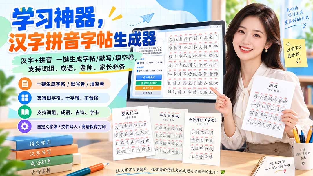 （20299期）学习神器，汉字拼音字帖生成器，汉字+拼音 一键生成字帖/默写/填空卷，支持词组、成语，老师、家长必备-小二项目网