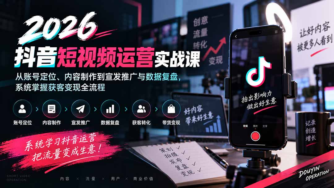 （20406期）2026抖音短视频运营实战课：从账号定位、内容制作到宣发推广与数据复盘，系统掌握获客变现全流程-小二项目网