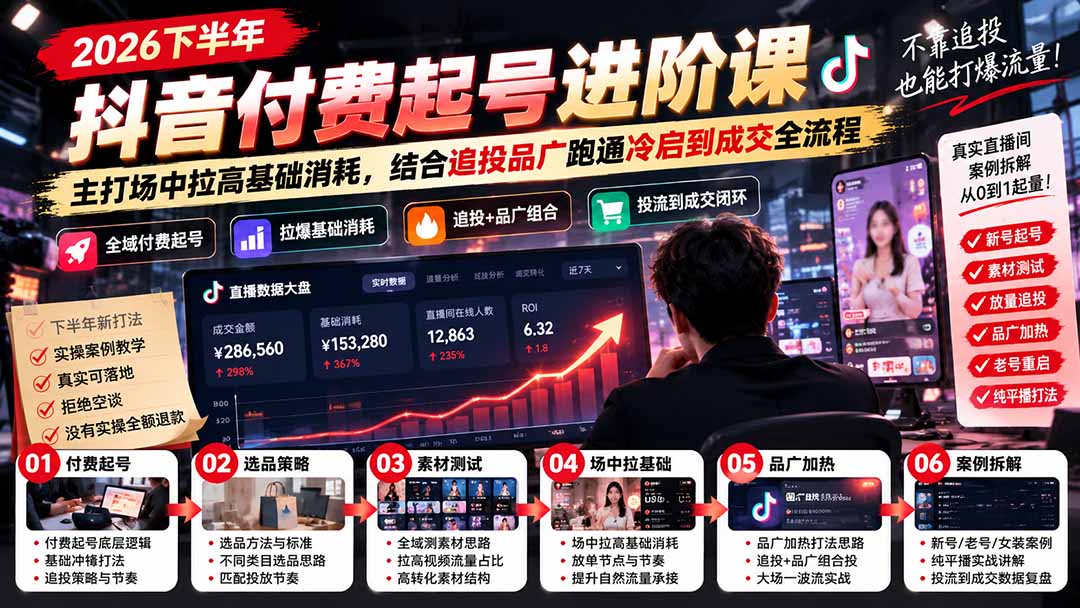（20671期）2026下半年抖音付费起号进阶课：主打场中拉高基础消耗，结合追投品广跑通冷启到成交全流程-小二项目网