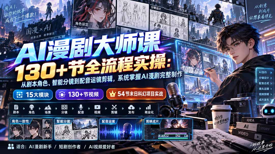 （20326期）AI漫剧大师课130+节全流程实操：从剧本角色、智能分镜到配音运镜剪辑，系统掌握AI漫剧完整制作-小二项目网