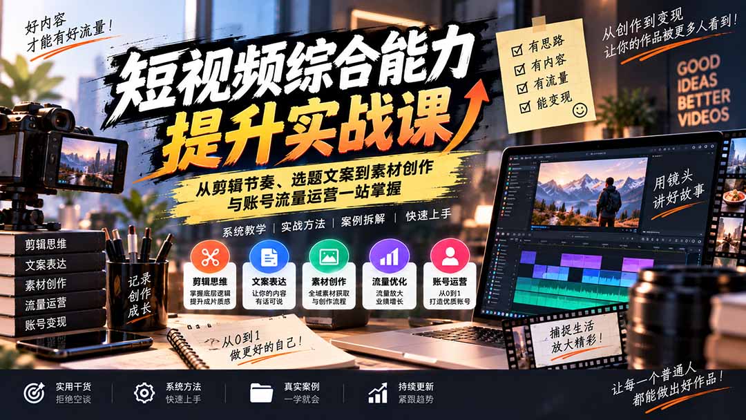 （20599期）短视频综合能力提升实战课：从剪辑节奏、选题文案到素材创作与账号流量运营一站掌握-小二项目网