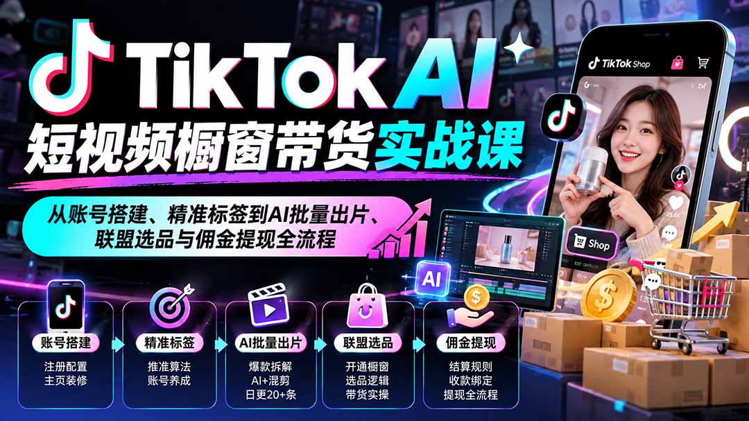 （20725期）TikTok AI短视频橱窗带货实战课：从账号搭建、精准标签到AI批量出片、联盟选品与佣金提现全流程-小二项目网
