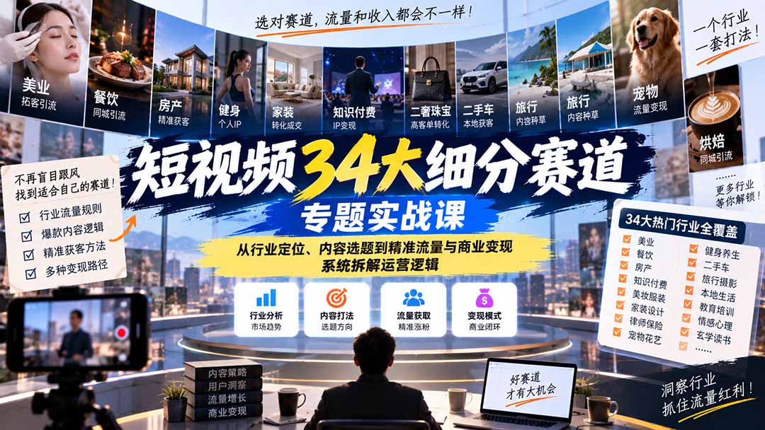（20600期）短视频34大细分赛道专题实战课：从行业定位、内容选题到精准流量与商业变现，系统拆解运营逻辑-小二项目网