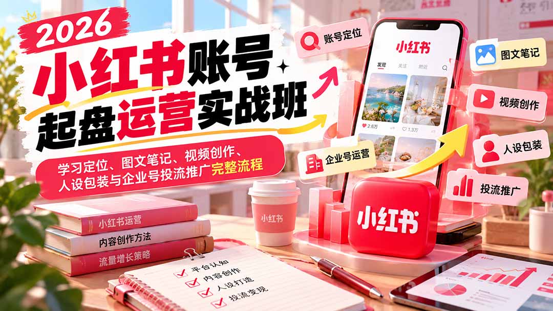（20646期）2026小红书账号起盘运营实战班：学习定位、图文笔记、视频创作、人设包装与企业号投流推广完整流程-小二项目网