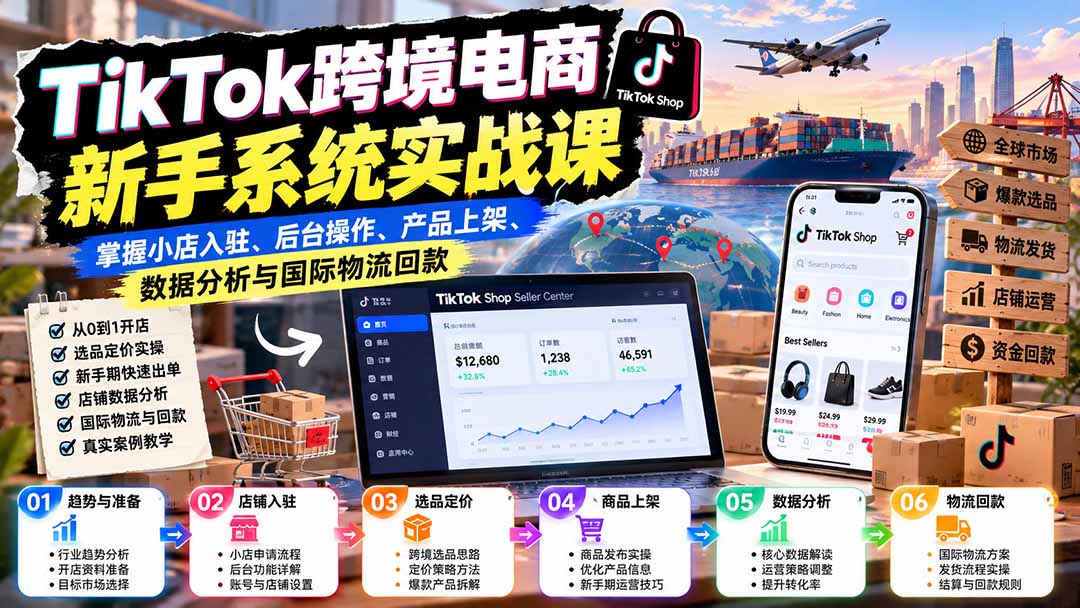 （20672期）TikTok跨境电商新手系统实战课：掌握小店入驻、后台操作、产品上架、数据分析与国际物流回款-小二项目网