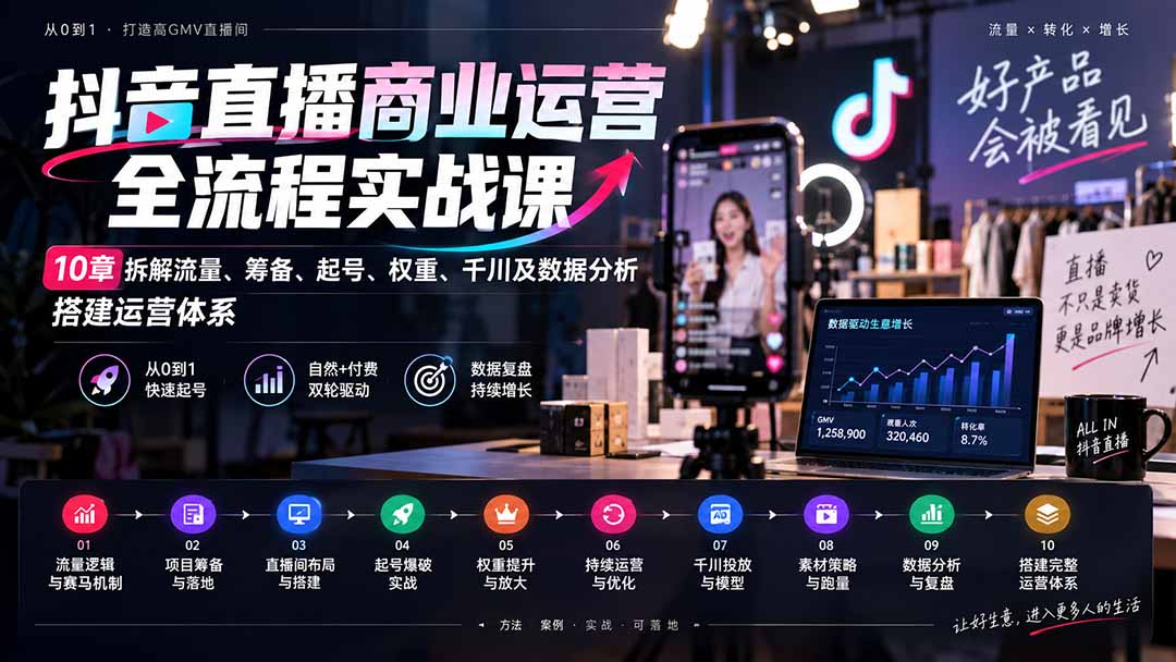 （20407期）抖音直播商业运营全流程实战课：10章拆解流量、筹备、起号、权重、千川及数据分析，搭建运营体系-小二项目网