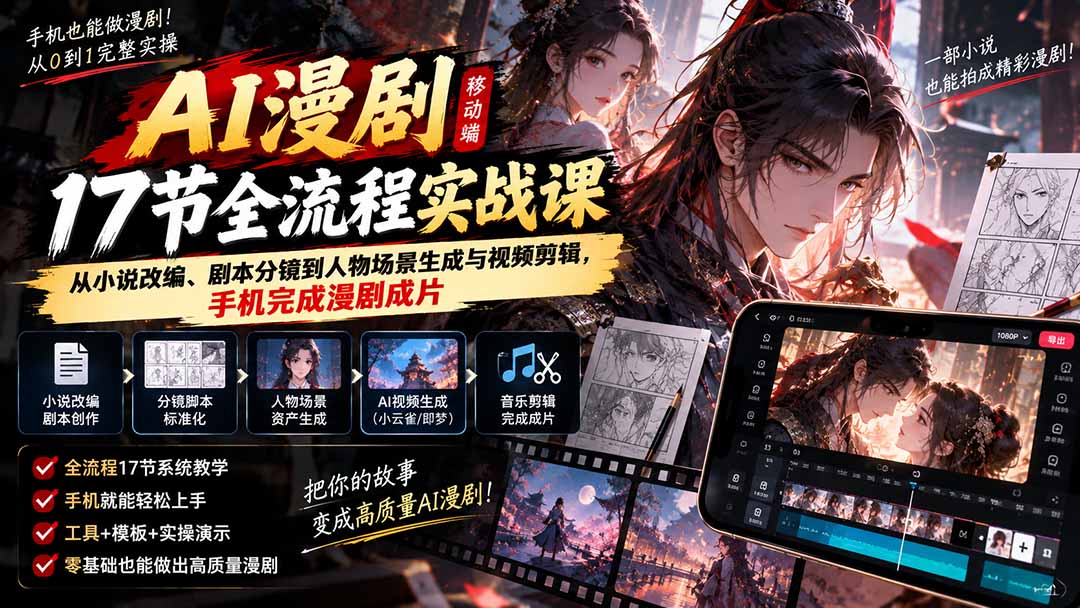 （20624期）AI漫剧移动端17节全流程实战课：从小说改编、剧本分镜到人物场景生成与视频剪辑，手机完成漫剧成片-小二项目网