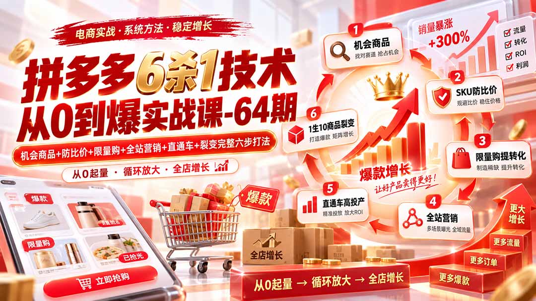 （20315期）拼多多6杀1技术从0到爆实战课-64期：机会商品+防比价+限量购+全站营销+直通车+裂变完整六步打法-小二项目网