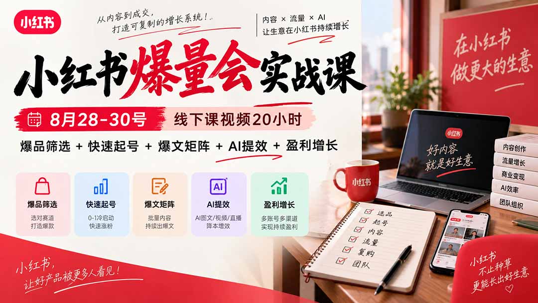 （20359期）小红书爆量会实战课：8月28-30号线下课视频20小时，爆品筛选+快速起号+爆文矩阵+AI提效+盈利增长-小二项目网