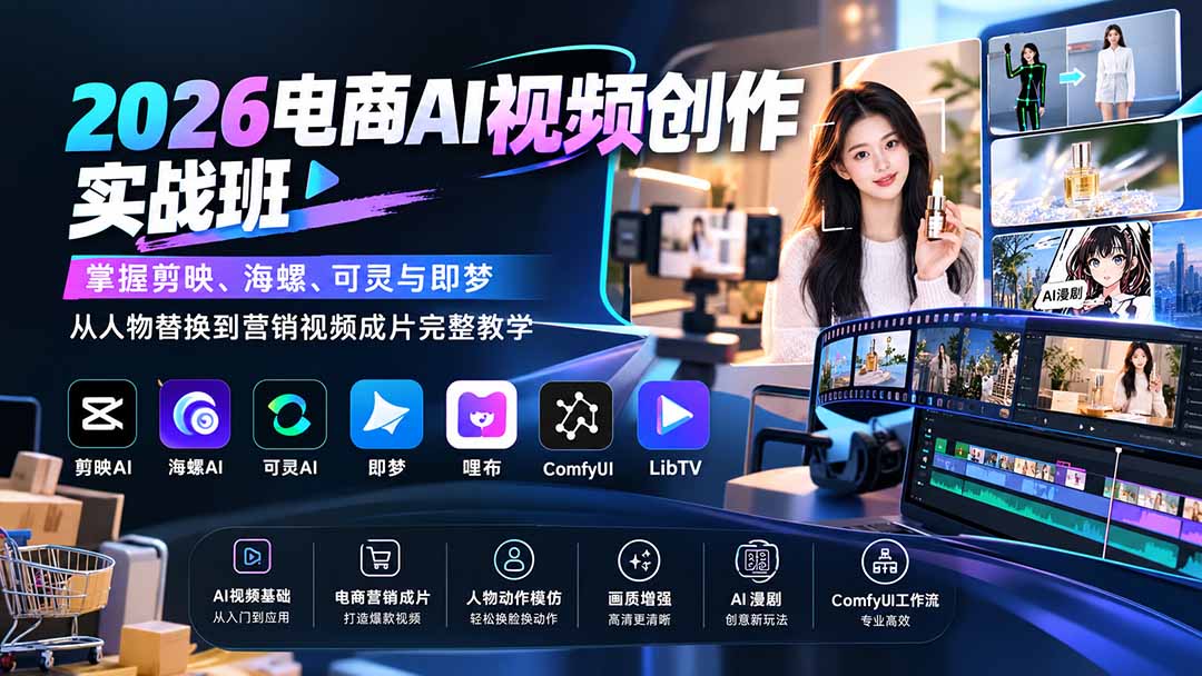 （20466期）2026电商AI视频创作实战班：掌握剪映、海螺、可灵与即梦，从人物替换到营销视频成片完整教学-小二项目网