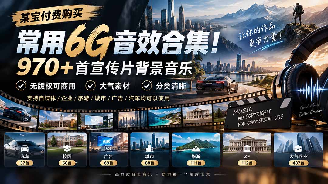 （20603期）某宝付费购买，常用6G音效合集！970+首宣传片背景音乐，无版权可商用大气素材，分类清晰-小二项目网