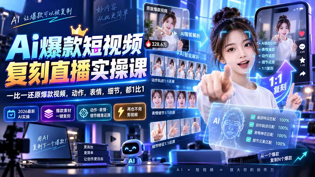 （20304期）最新Ai爆款短视频复刻直播实操课，一比一还原爆款视频，动作，表情，细节，都1比1-小二项目网